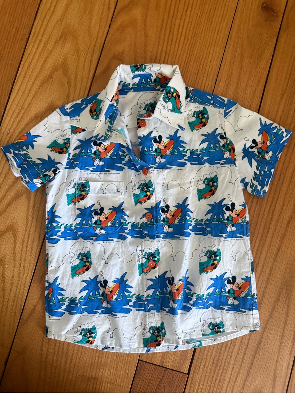 Disney White Short-Sleeve Button-Up with Blue & Teal Cartoon Print